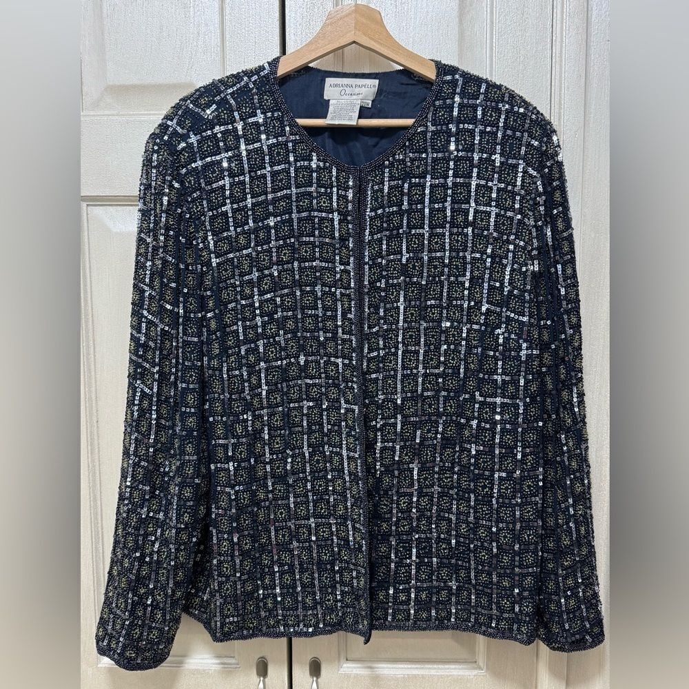Adrianna Papell Occasions 20W Navy Blue Silk Beaded  Embellished Lined Cardigan